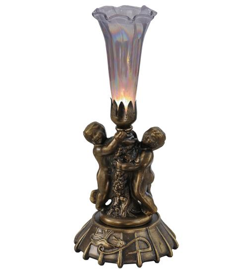 12" High Purple Iridescent Pond Lily Twin Cherub Mini Lamp