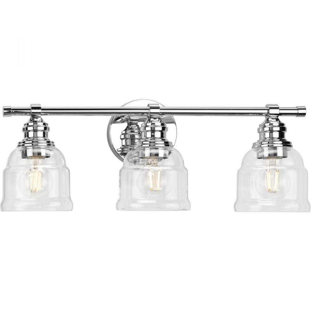 Ambrose Collection Three-Light Farmhouse Polished Chrome Clear Glass Bath Vanity Light