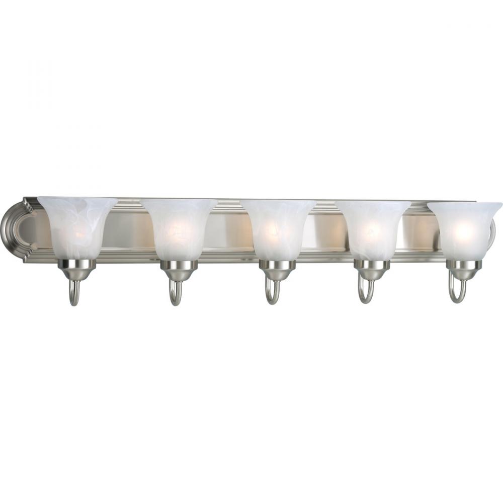 Five-Light Brushed Nickel Alabaster Glass Traditional Bath Vanity Light