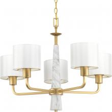 Progress P400098-078 - Palacio Collection Five-Light Vintage Gold White Silk Fabric Shade Luxe Chandelier Light