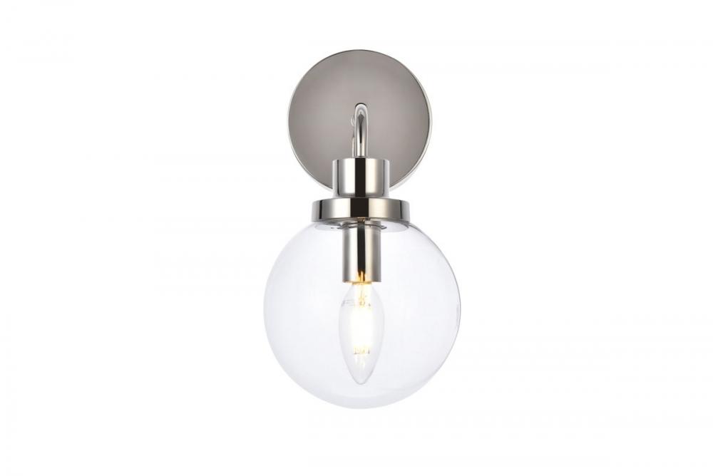 Hanson 1 light bath sconce in polished nickel with clear shade